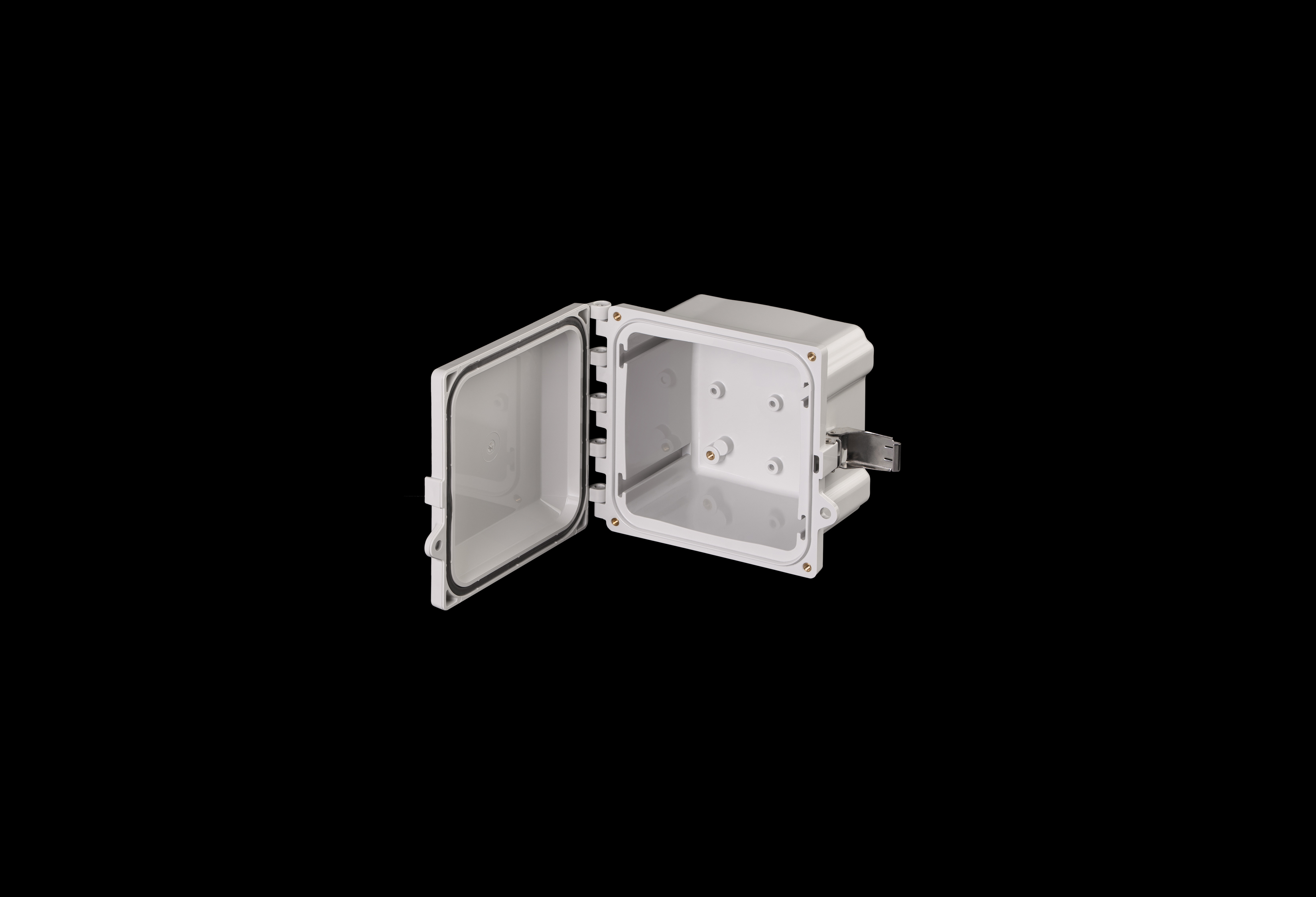 PC606SS-QFL-Open.jpg Polycarbonate Enclosure 6 x 6 x 4 Inches PolyStar Series with Hinged, Opaque Cover and Stainless Steel Latches by Stahlin