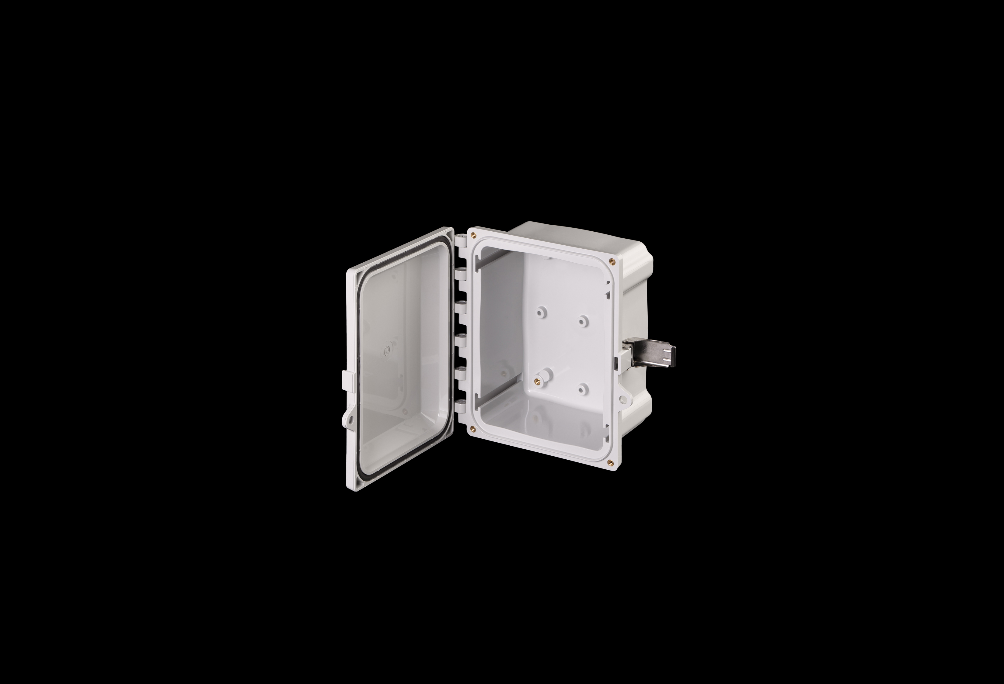 PC806SS-QFL-Open.jpg Polycarbonate Enclosure 8 x 6 x 4 Inches PolyStar Series with Hinged, Opaque Cover and Stainless Steel Latches by Stahlin