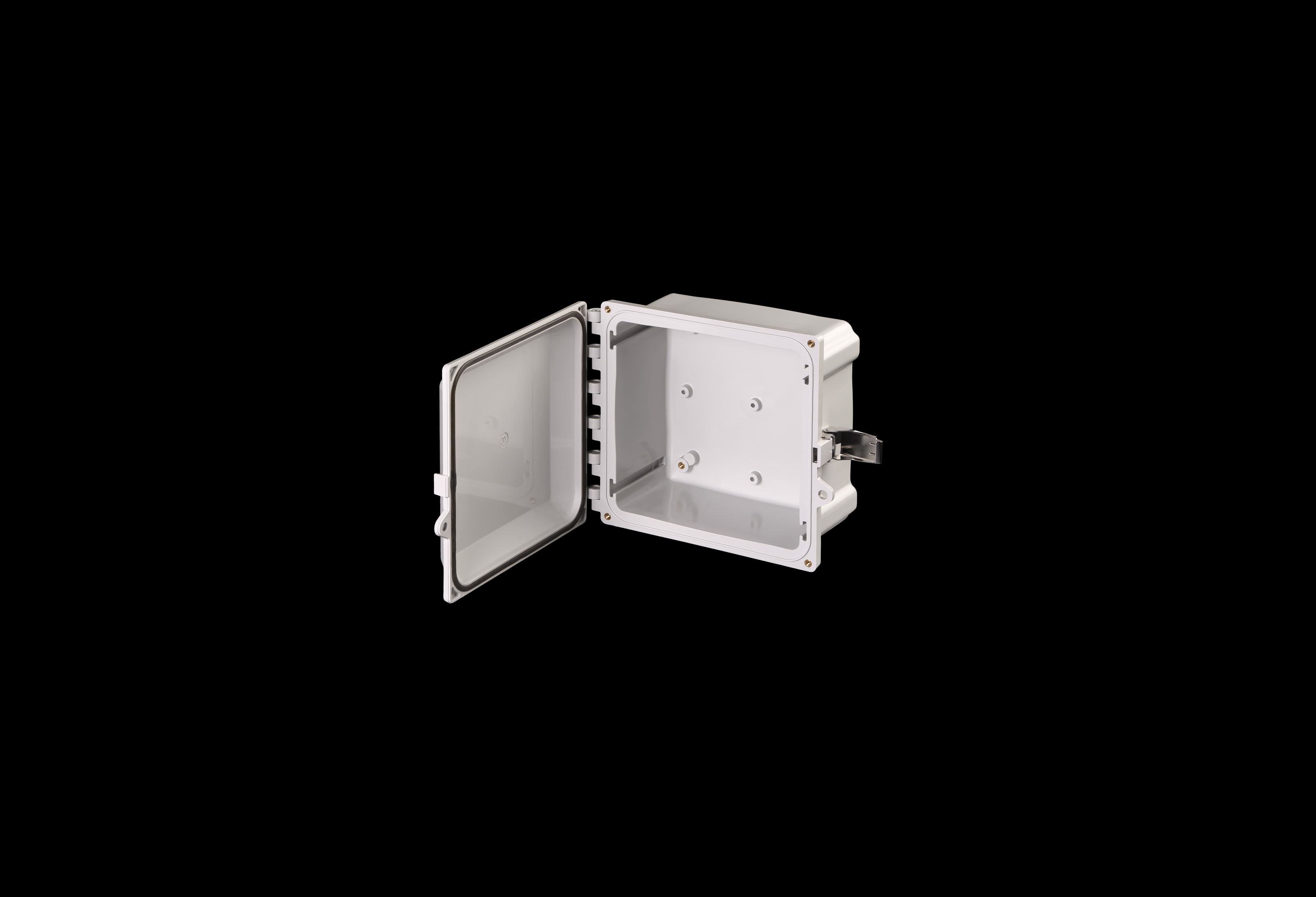 PC808SS-QFL-Open.jpg Polycarbonate Enclosure 8 x 8 x 4 Inches PolyStar Series with Hinged, Opaque Cover and Stainless Steel Latches by Stahlin