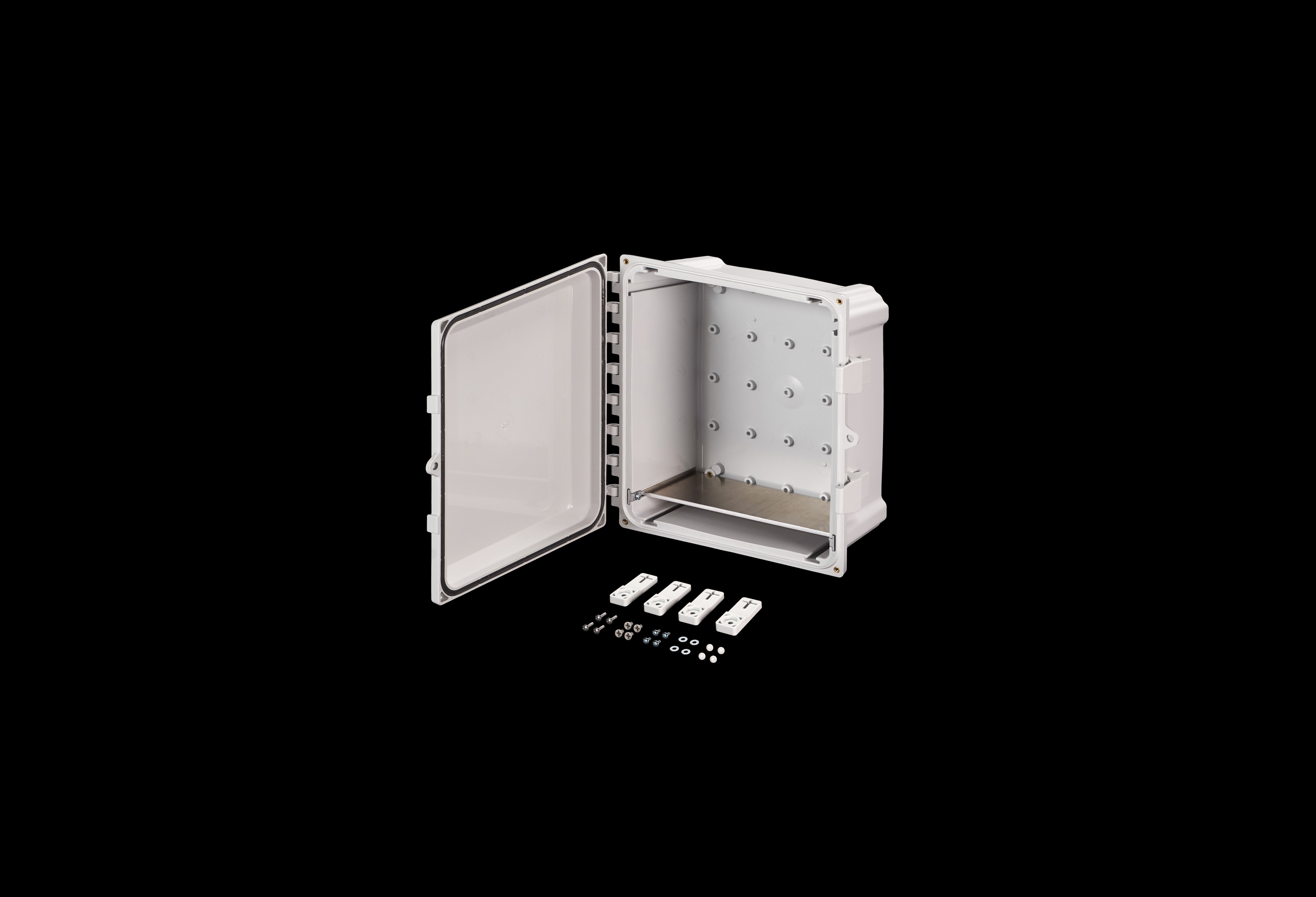 PCWD1210-QFL-Open.jpg Polycarbonate Enclosure 10 x 10 x 6 Inches PolyStar Series Opaque Cover with Weight Distribution Shelf by Stahlin