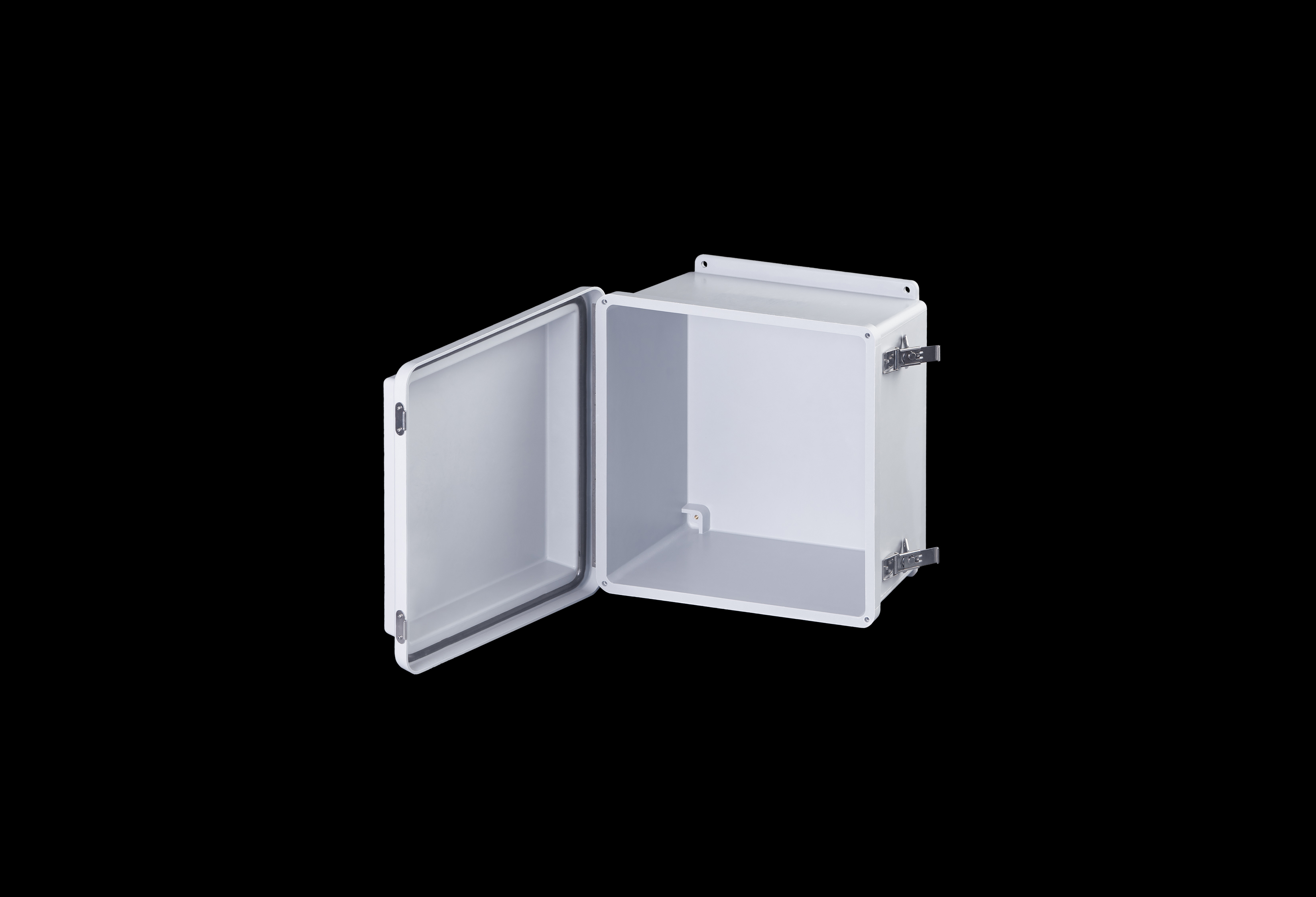RJ1212HLL-QFL-Open.jpg Fiberglass Enclosure 12 x 12 x 8 Inches J Series Raised Cover with Hinged, Twist Latch Opaque Cover by Stahlin
