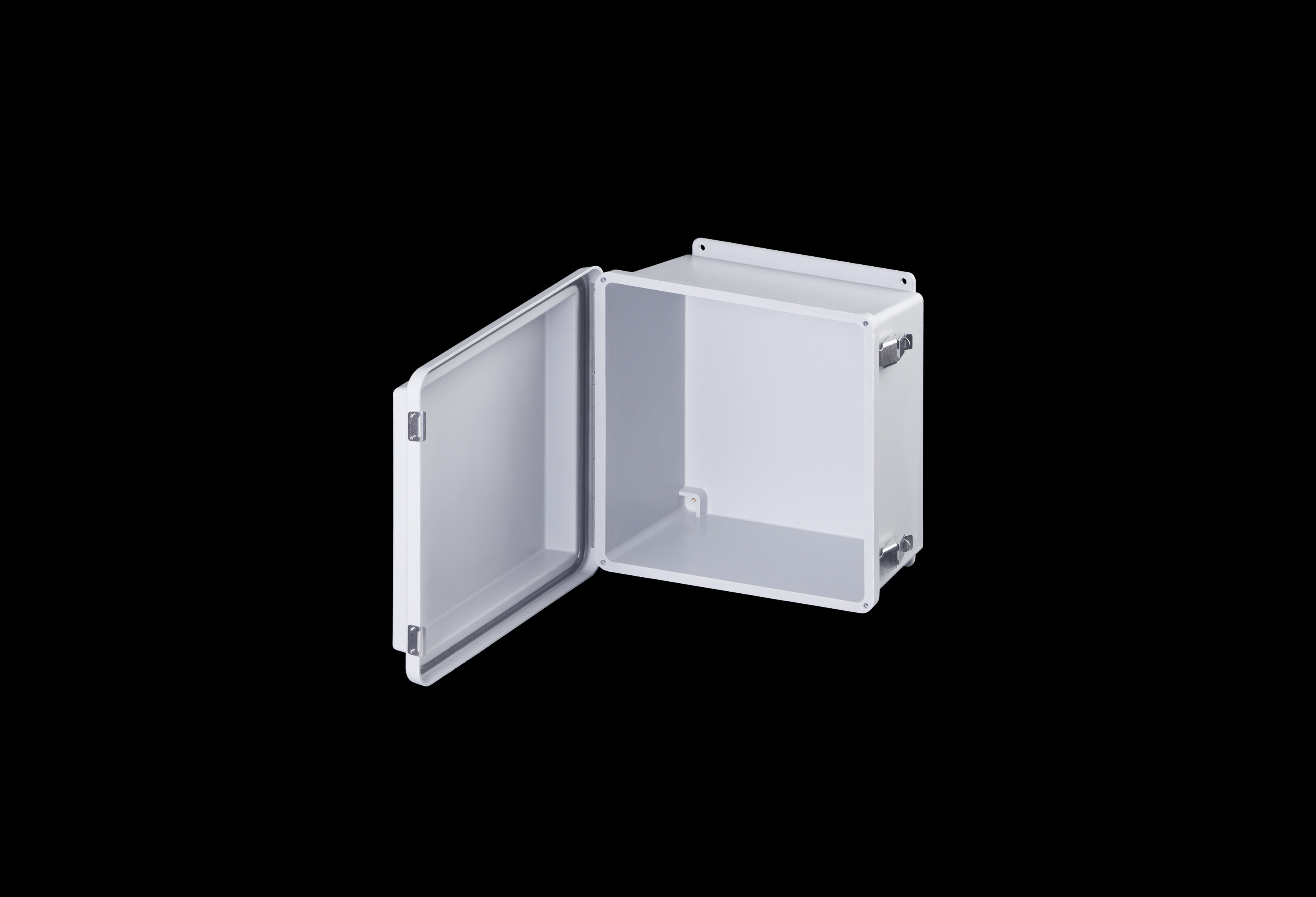 RJ1212HPL-QFL-Open.jpg Fiberglass Enclosure 12 x 12 x 8 Inches J Series Raised Cover with Hinged, Latched Opaque Cover by Stahlin