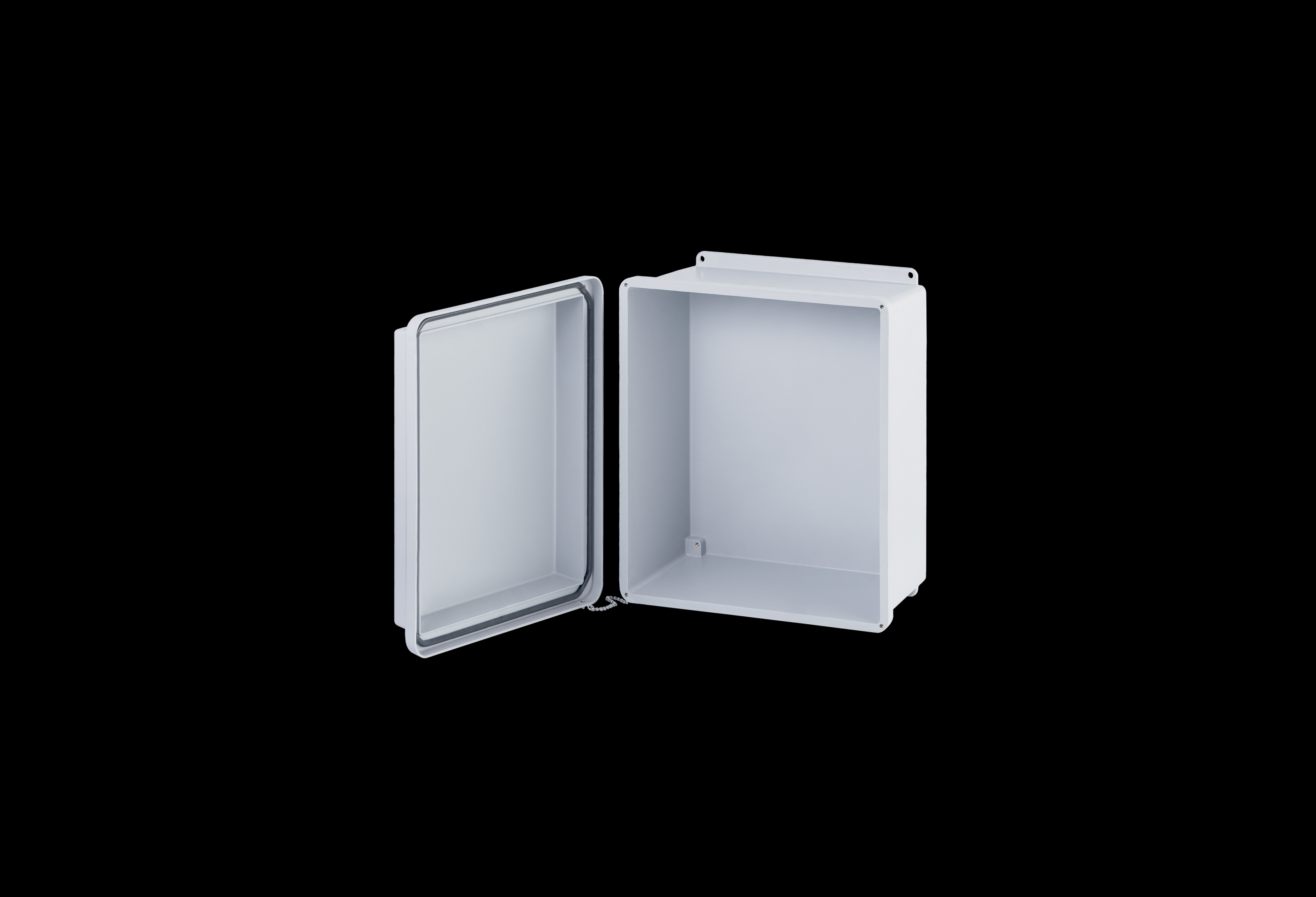 RJ1614W-QFL-Open.jpg Fiberglass Enclosure 10 x 8 x 7 Inches J Series Raised Cover with Opaque Lift Off Cover by Stahlin