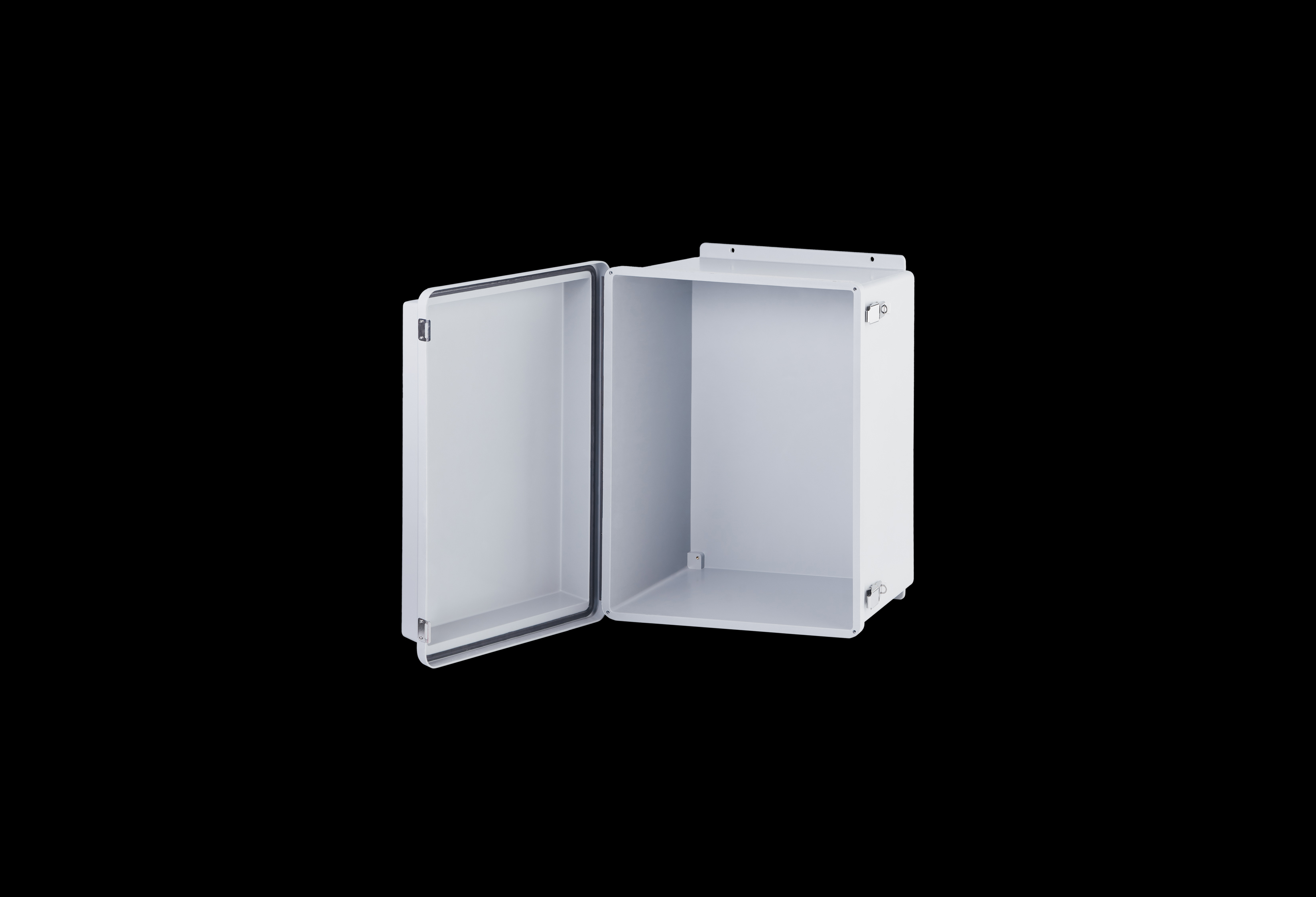 RJ2016HPL-QFL-Open.jpg Fiberglass Enclosure 18 x 16 x 10 Inches J Series Raised Cover with Hinged, Latched Opaque Cover by Stahlin