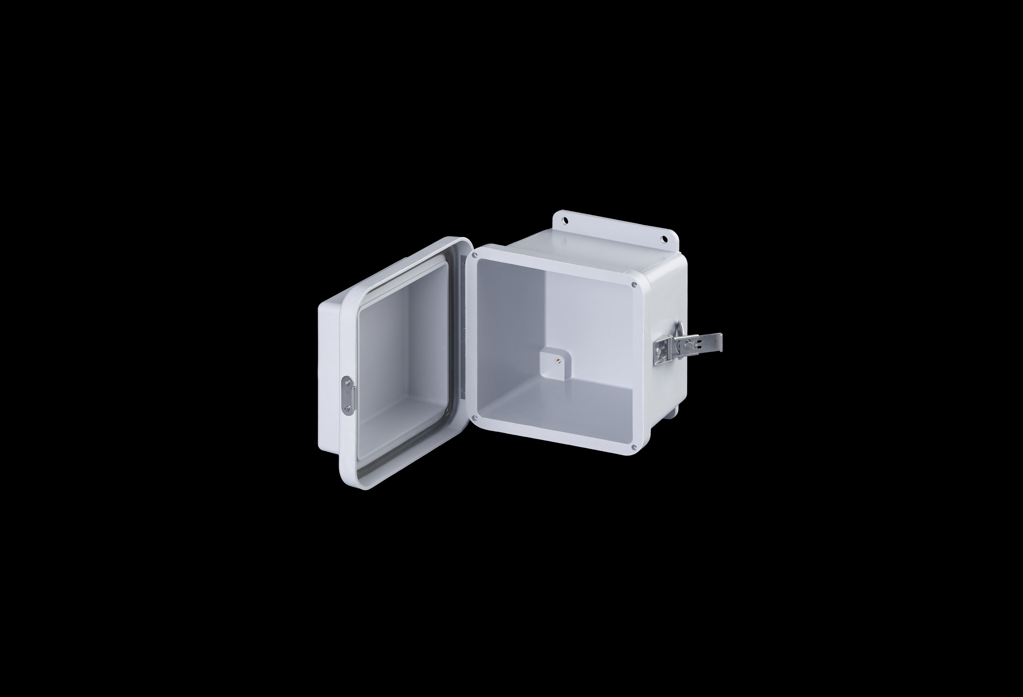 RJ606HLL-QFL-Open.jpg Fiberglass Enclosure 6 x 6 x 6 Inches J Series Raised Cover with Hinged, Twist Latch Opaque Cover by Stahlin