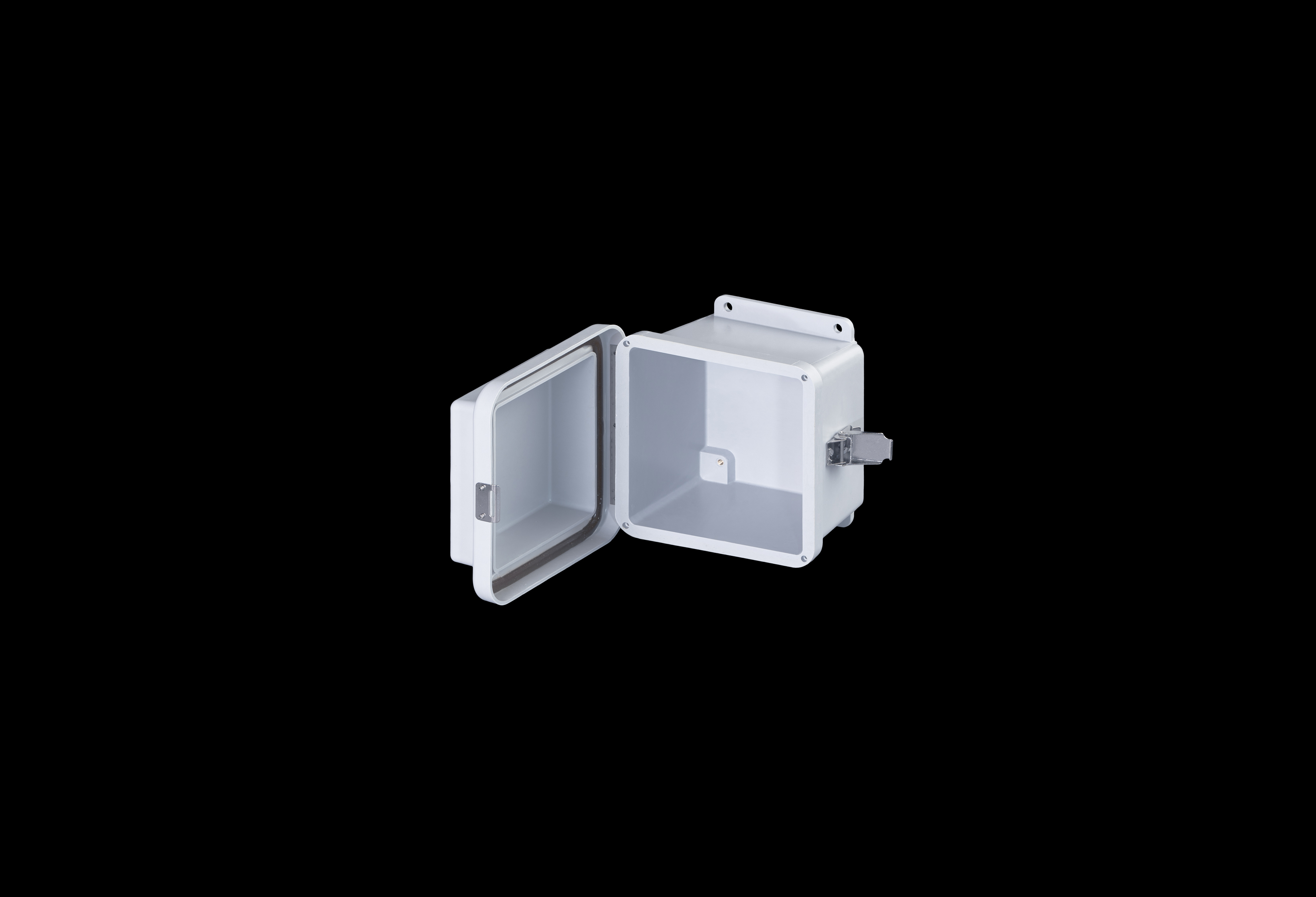 RJ606HPL-QFL-Open.jpg Fiberglass Enclosure 6 x 6 x 6 Inches J Series Raised Cover with Hinged, Latched Opaque Cover by Stahlin