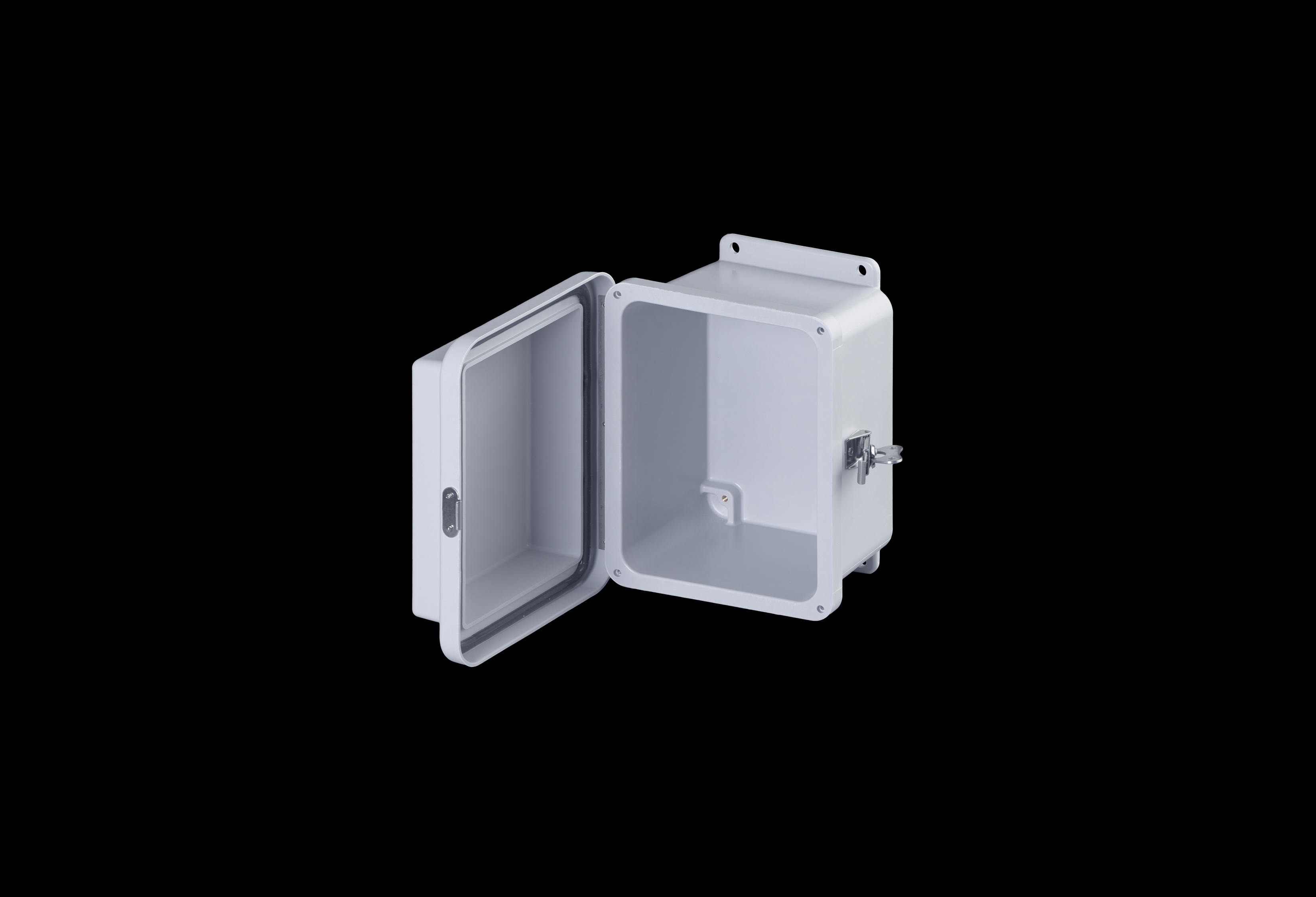 RJ806HLL-QFL-Open.jpg Fiberglass Enclosure 6 x 4 x 6 Inches J Series Raised Cover with Hinged, Twist Latch Opaque Cover by Stahlin