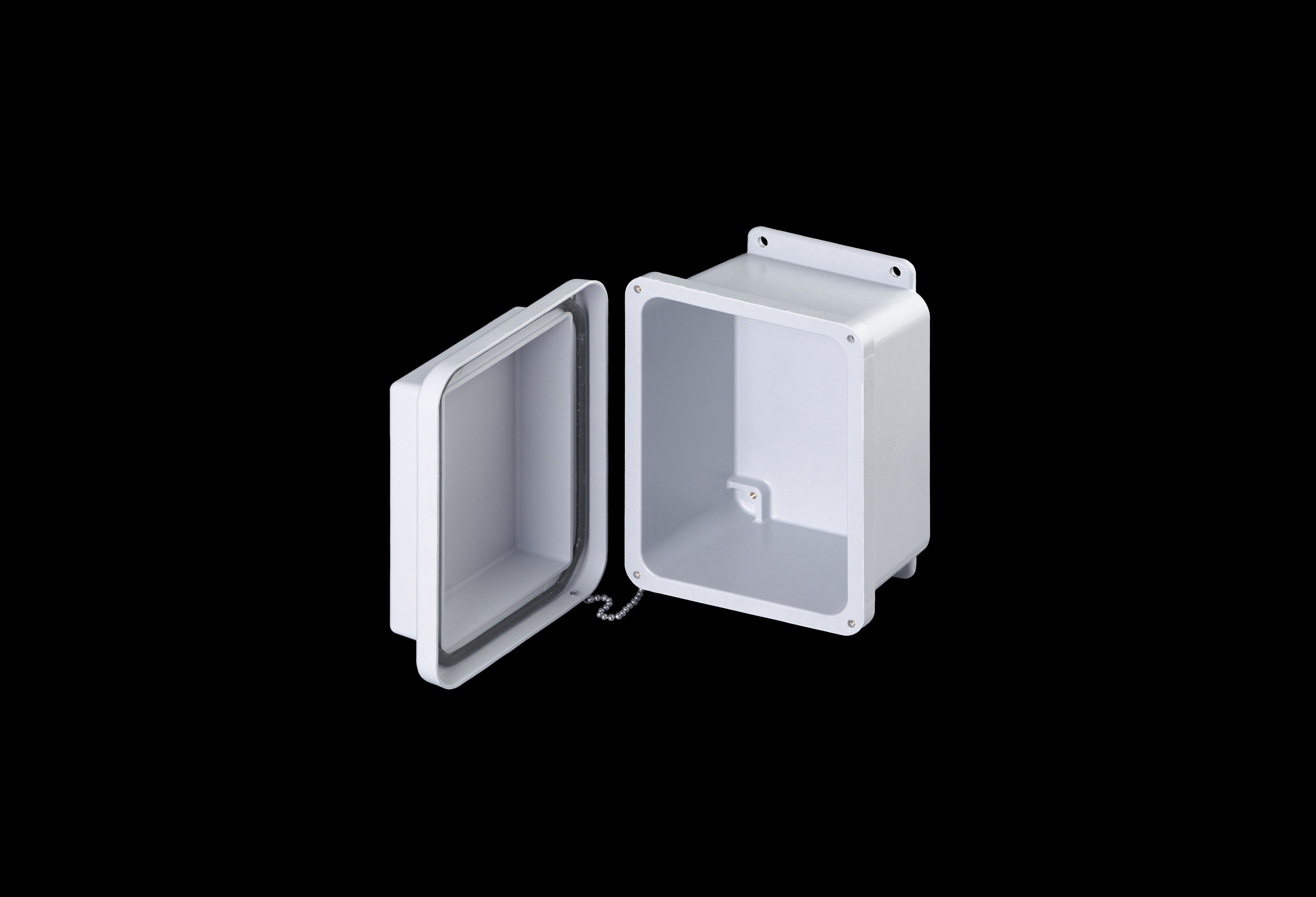 RJ806W-QFL-Open.jpg Fiberglass Enclosure 6 x 4 x 6 Inches J Series Raised Cover with Opaque Lift Off Cover by Stahlin