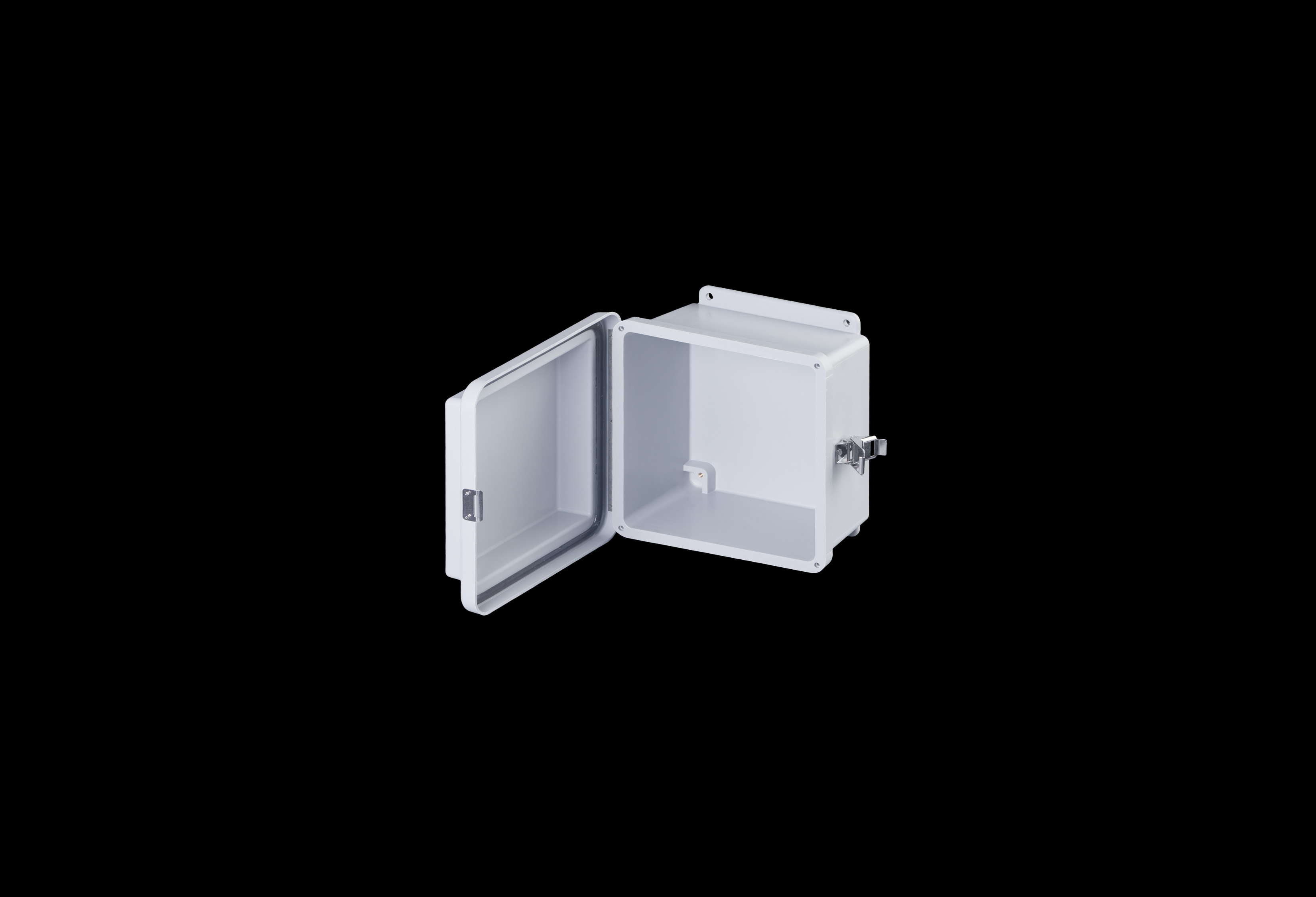 RJ808HPL-QFL-Open.jpg Fiberglass Enclosure 8 x 8 x 6 Inches J Series Raised Cover with Hinged, Latched Opaque Cover by Stahlin