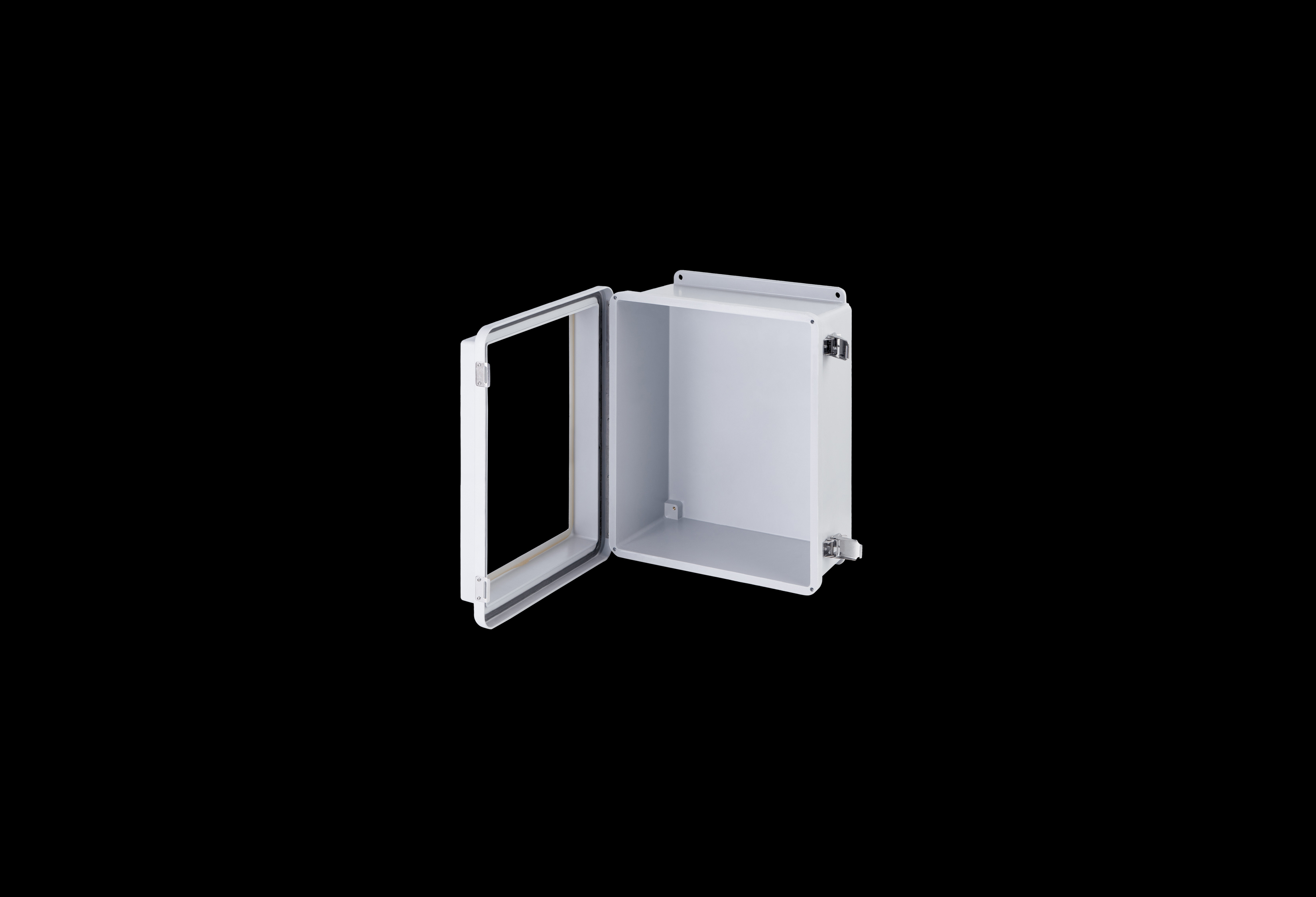 RJW1412HPL-QFL-Open.jpg Fiberglass Enclosure 10 x 8 x 7 Inches J Series Raised Cover with Window and Hinged, Latched Opaque Cover by Stahlin