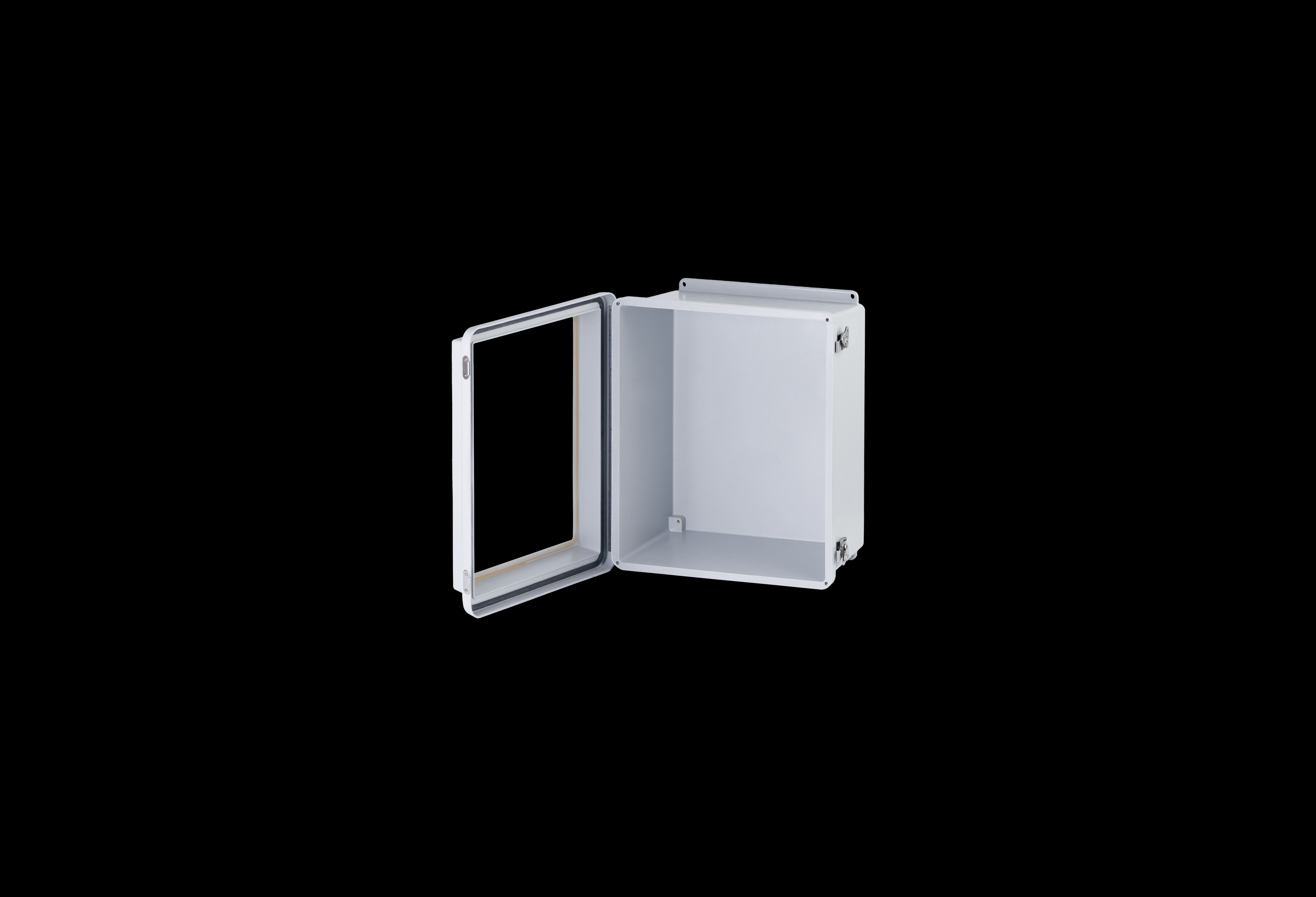 RJW1614HLL-QFL-Open.jpg Fiberglass Enclosure 14 x 12 x 8 Inches J Series Raised Cover with Window and Hinged, Twist Latch Opaque Cover by Stahlin