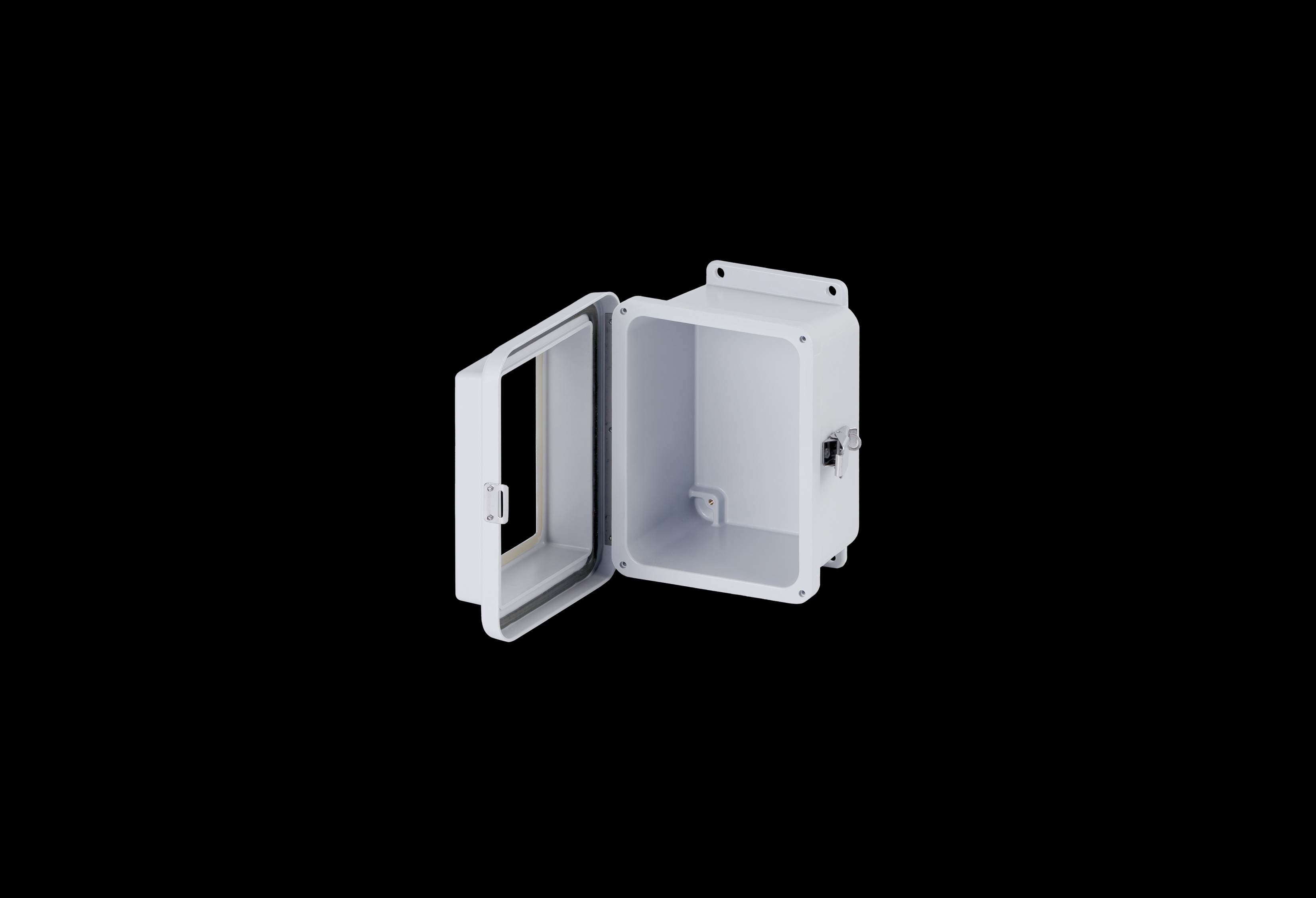 RJW806HPL-QFL-Open.jpg Fiberglass Enclosure 8 x 6 x 6 Inches J Series Raised Cover with Window and Hinged, Latched Opaque Cover by Stahlin
