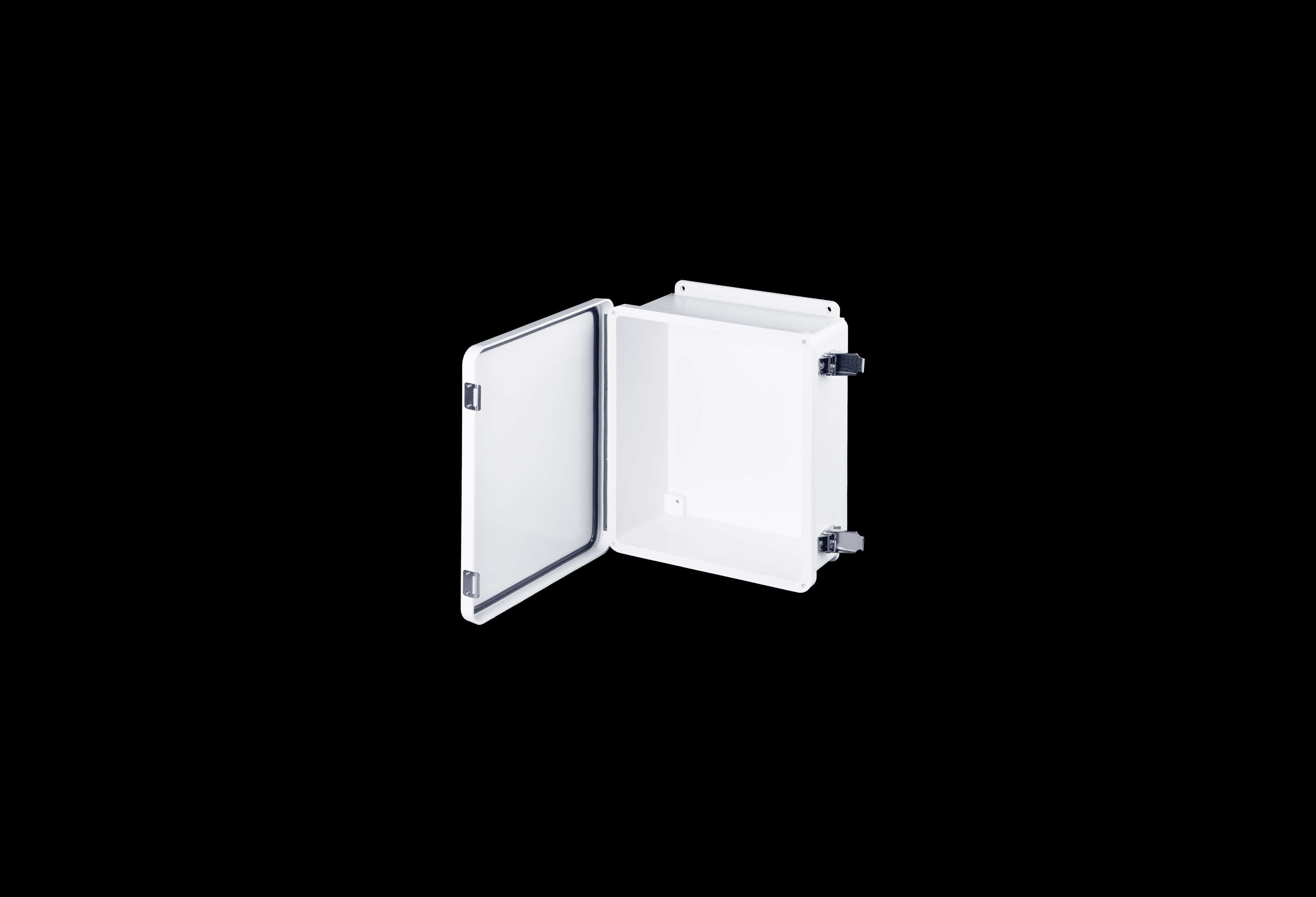 WH-J1210HPL-QFL-Open.jpg Fiberglass Enclosure 10 x 8 x 4 Inches J Series White with Hinged, Latched Opaque Cover by Stahlin