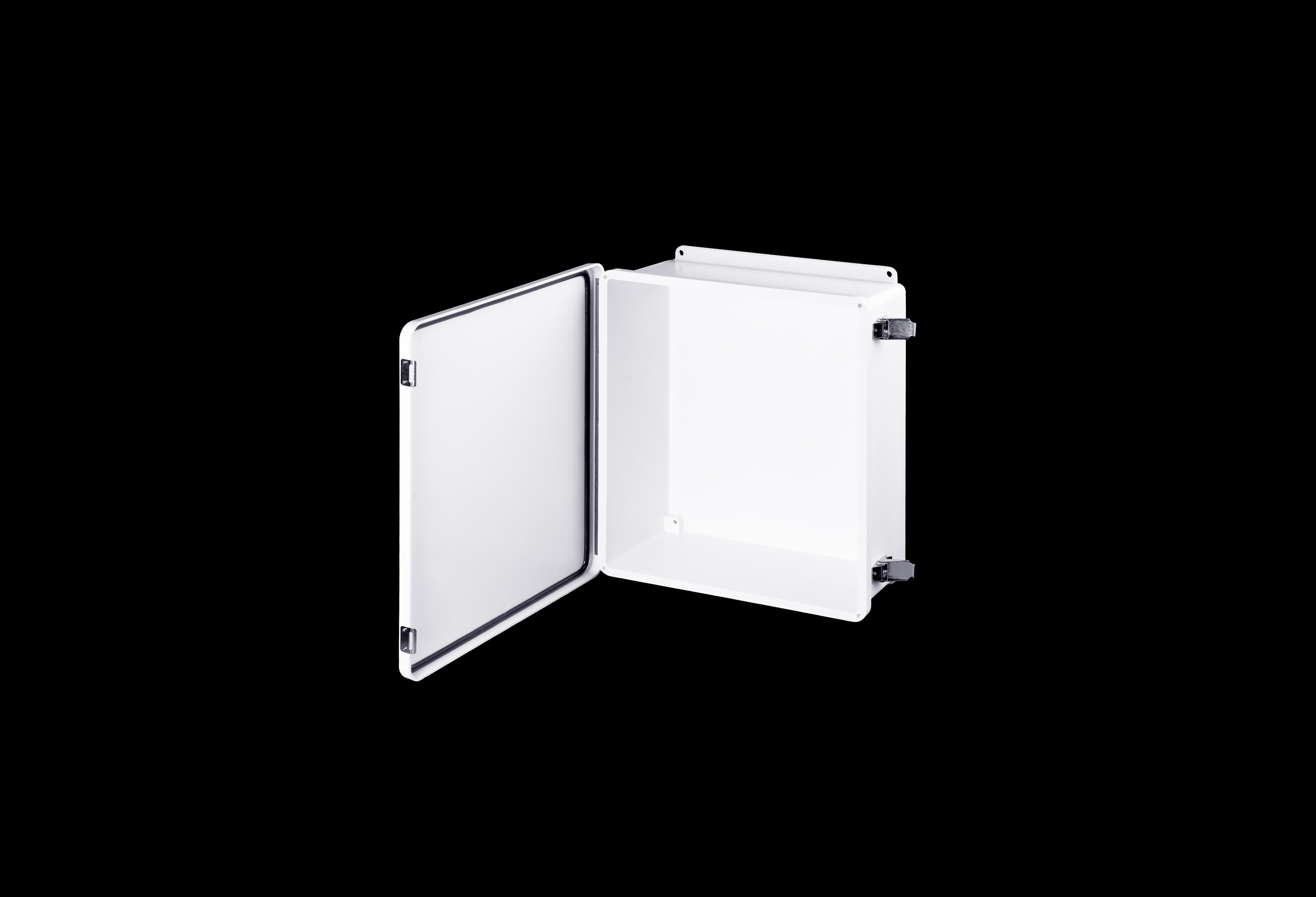WH-J1614HPL-QFL-Open.jpg Fiberglass Enclosure 14 x 12 x 6 Inches J Series White with Hinged, Latched Opaque Cover by Stahlin