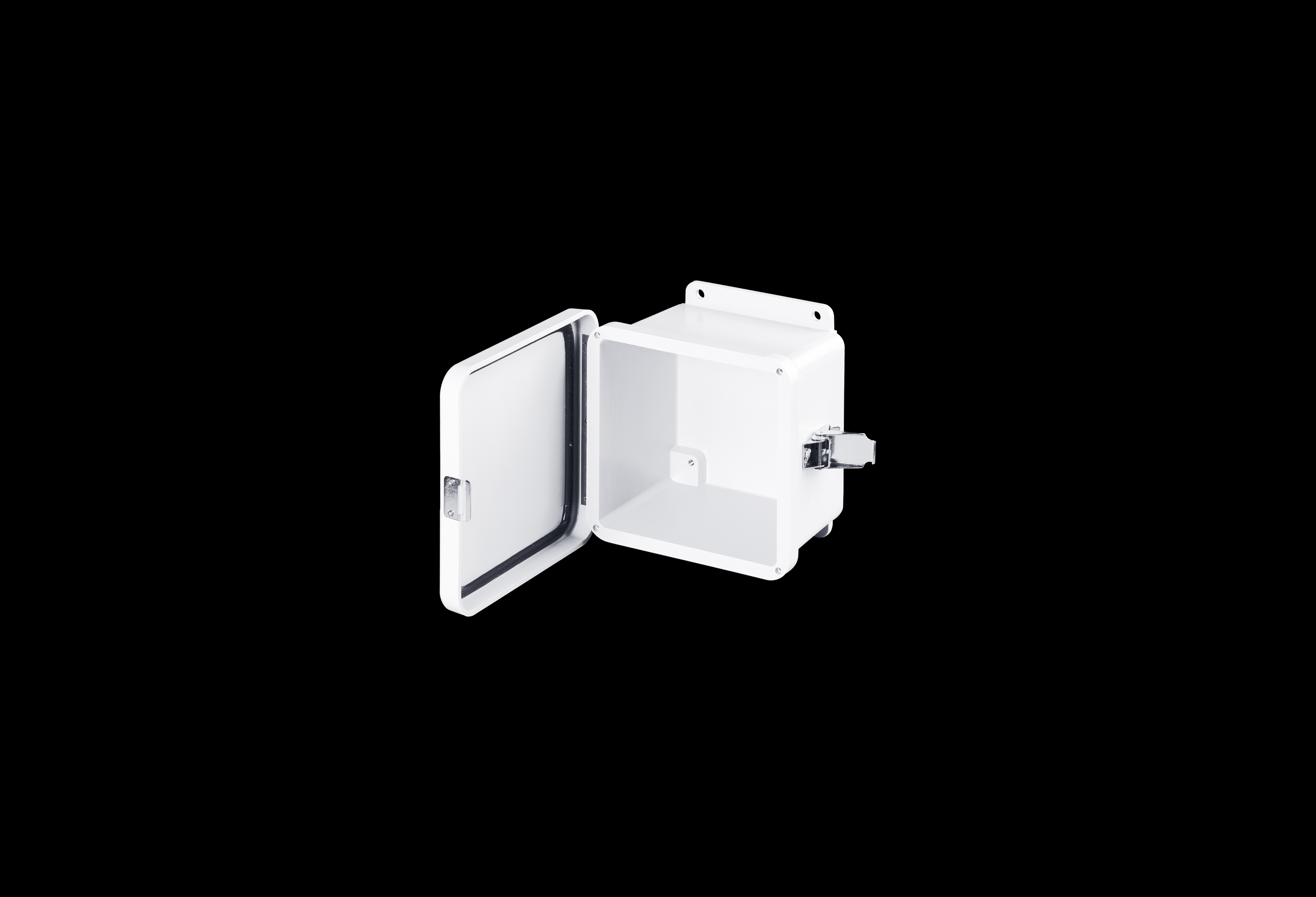 WH-J606HPL-QFL-Open.jpg Fiberglass Enclosure 6 x 6 x 4 Inches J Series White with Hinged, Latched Opaque Cover by Stahlin