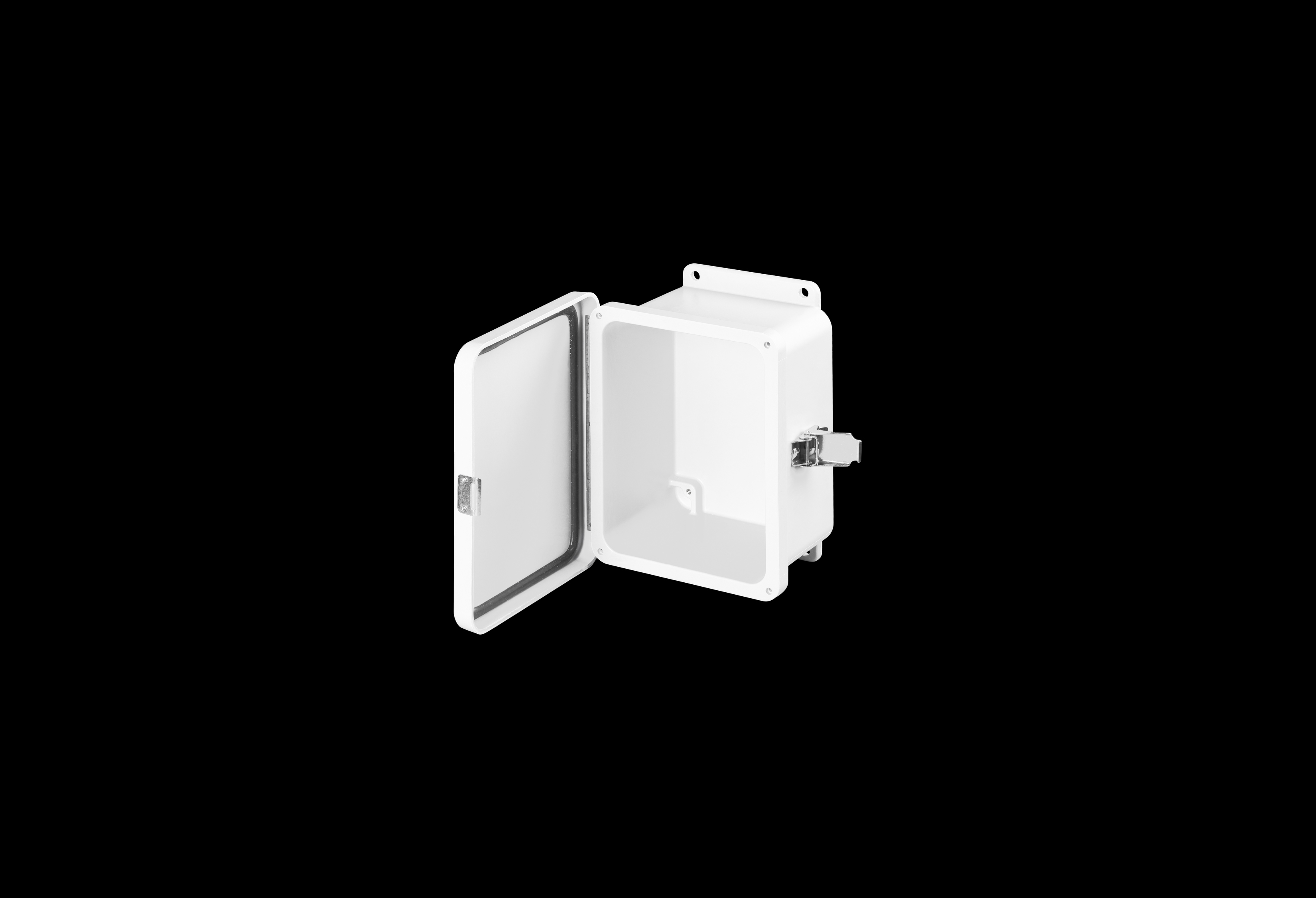 WH-J806HPL-QFL-Open.jpg Fiberglass Enclosure 6 x 4 x 4 Inches J Series White with Hinged, Latched Opaque Cover by Stahlin