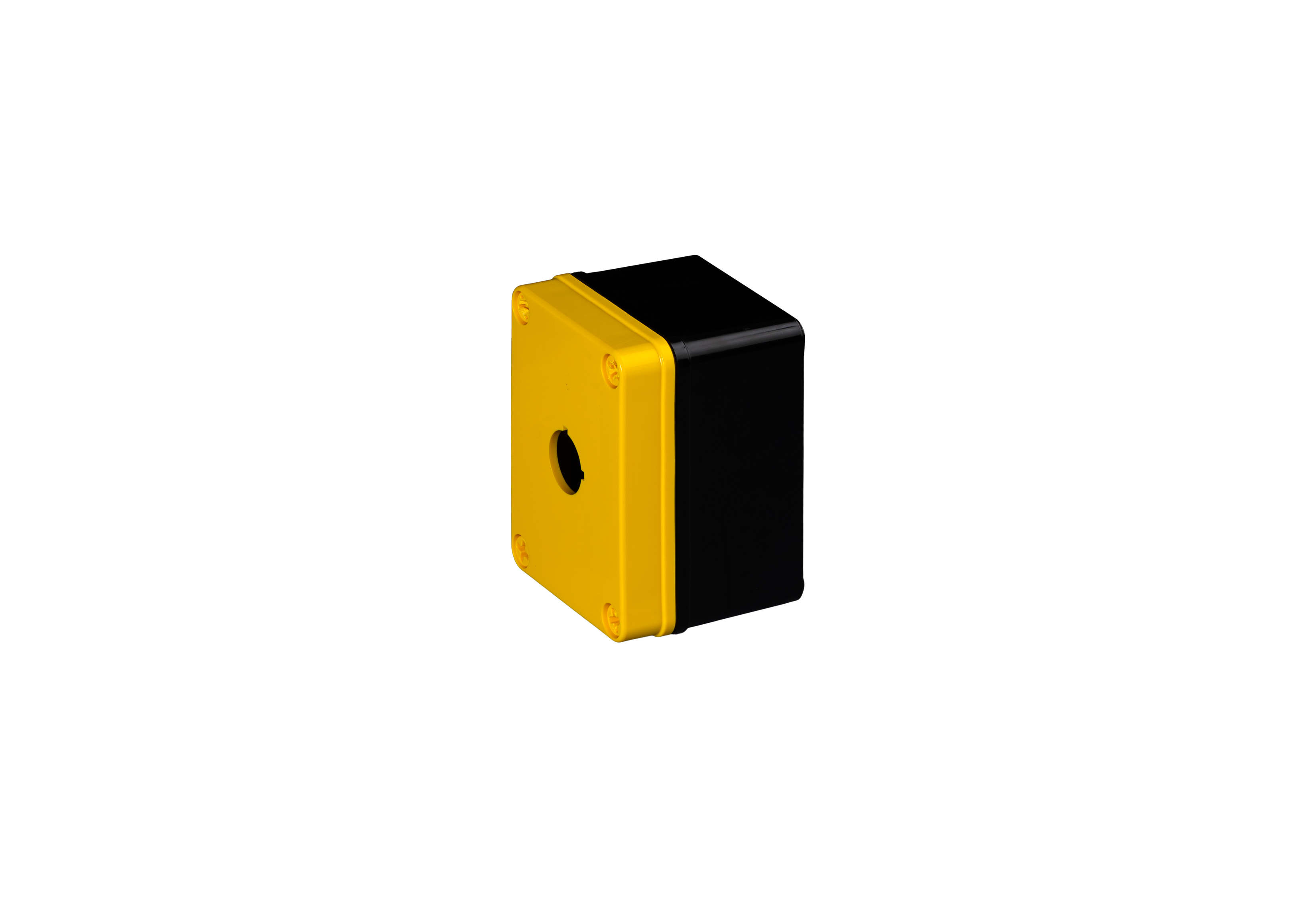 YW-CFPC1PB22-QFL-Closed.jpg Polycarbonate Enclosure 4 x 3 x 2 Inches Push Button Series 1 Hole 30 mm with Yellow Lift Off Cover and Black Base by Stahlin