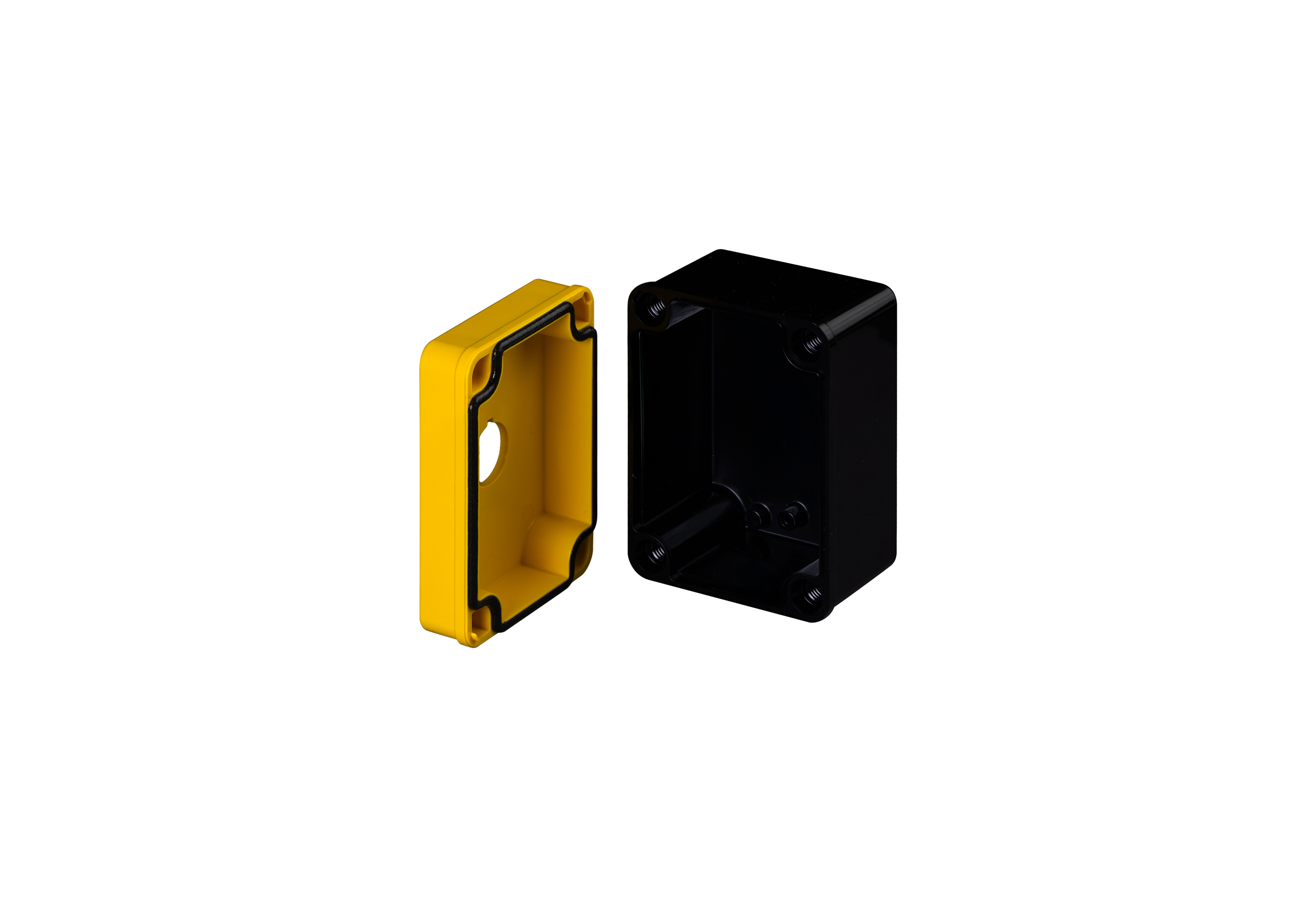 YW-CFPC1PB22-QFL-Open.jpg Polycarbonate Enclosure 4 x 3 x 2 Inches Push Button Series 1 Hole 30 mm with Yellow Lift Off Cover and Black Base by Stahlin