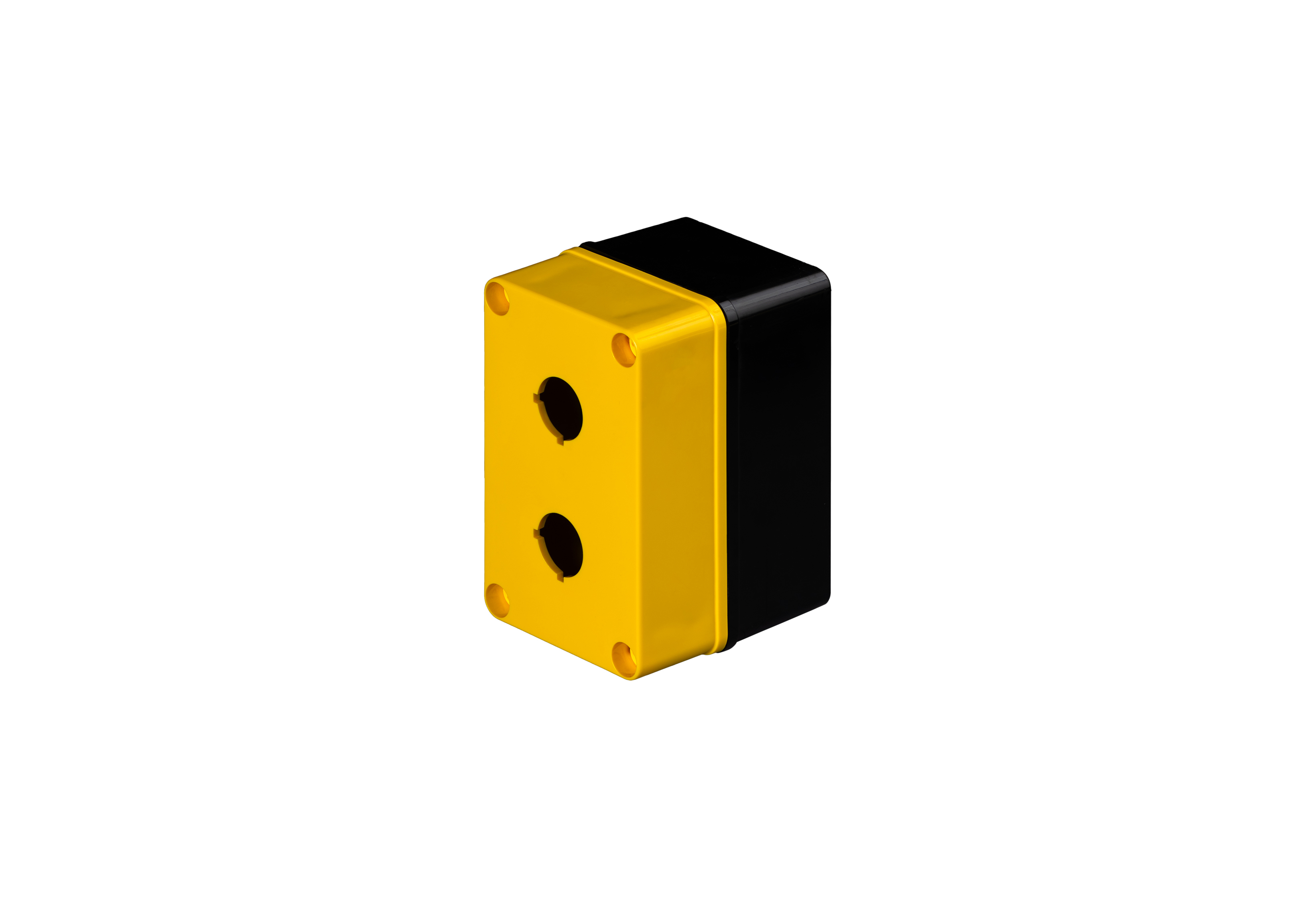 YW-CFPC2PB22-QFL-Closed.jpg Polycarbonate Enclosure 5 x 3 x 3 Inches Push Button Series 2 Holes 30 mm with Yellow Lift Off Cover and Black Base by Stahlin