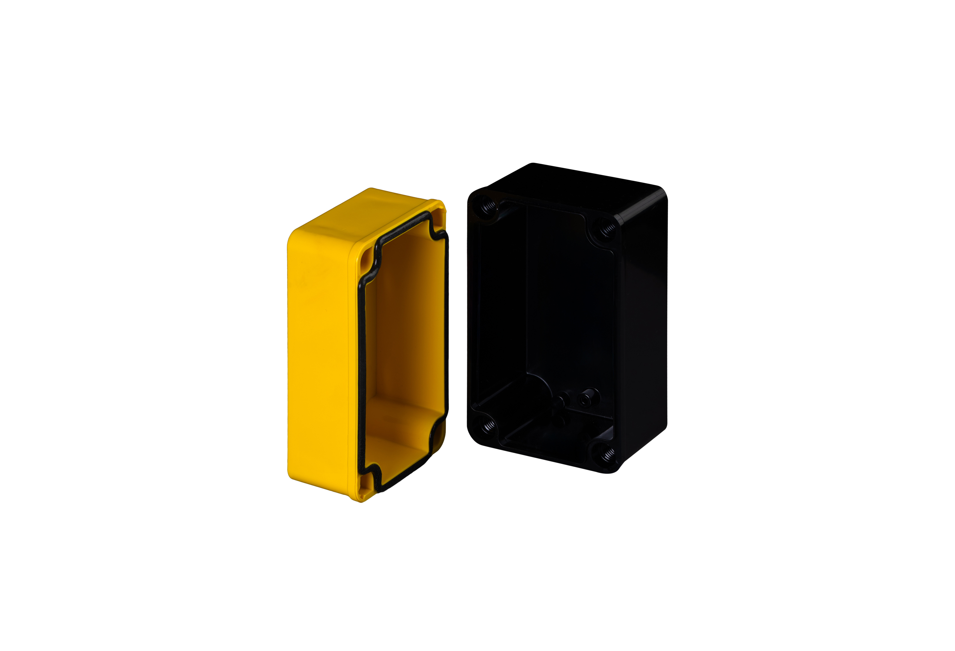 YW-CFPC2PB22-QFL-Open.jpg Polycarbonate Enclosure 5 x 3 x 3 Inches Push Button Series 2 Holes 30 mm with Yellow Lift Off Cover and Black Base by Stahlin